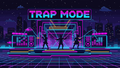 Three pixelated silhouetted dancers perform on a vibrant neon stage under a starry sky, surrounded by glowing speakers and a 'TRAP MODE' sign in a retro cityscape