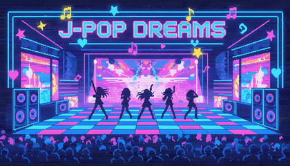 Five dancing female pixel art silhouettes perform on a vibrant neon stage under a glowing 'J-POP DREAMS' sign, captivating a large audience in a retro 8-bit concert