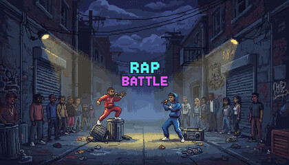 Two pixel art rappers engage in an intense rap battle under streetlights in a gritty urban alleyway at night, watched by an excited crowd, with the prominent text 'RAP BATTLE' displayed