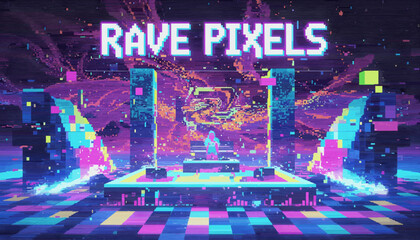 Vibrant pixel art rave scene features a DJ on a glowing stage, surrounded by abstract geometric shapes and bright neon colors, evoking a retro-futuristic digital party atmosphere