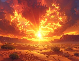 Desert scene with intense sunset. Clouds and mountains