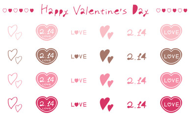 バレンタインのかわいい手描きハートのイラスト装飾素材セット