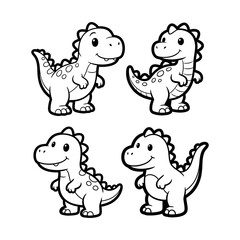 Obraz premium An adorable set of four playful cartoon baby dinosaurs with smiling faces, ideal for children's coloring pages, educational materials, or cheerful graphic design projects