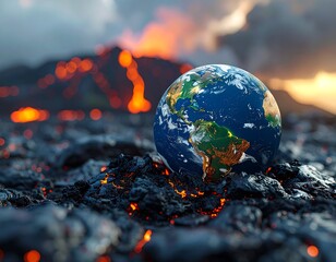 Earth amid volcanic landscape. Flames and molten rock surround our planet