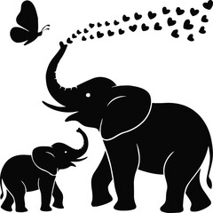 elephant silhouette vector with butterfly and heart for stock use
