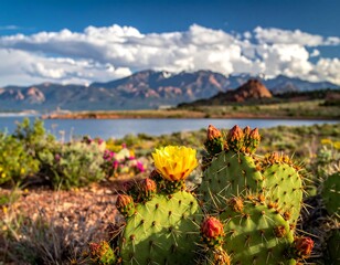 Desert scene with yellow cactus flower, mountains, and lake under clouds