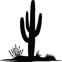 Fototapeta premium cactus desert vector with saguaro silhouette and dry ground illustration