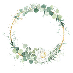 Watercolor flower wreath with gold circle frame.