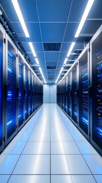 Long row of server racks in a data center with white tiled floor and suspended ceiling illuminated by bright fluorescent lights.