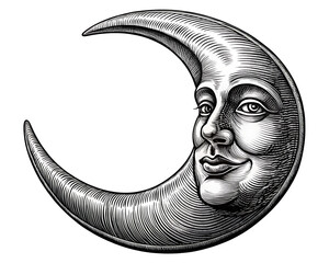  Anthropomorphic crescent moon with a face in a vintage woodcut style in black and white isolated on white background ,PNG. AI Generated