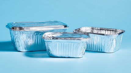 Three Empty Aluminum Food Containers With Lids.