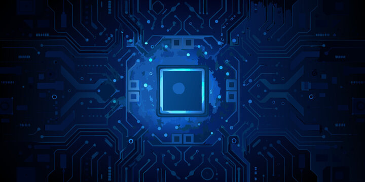 Abstract blue circuit board background with a central microchip design