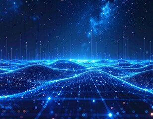 Digital landscape with rising lines under a starry night