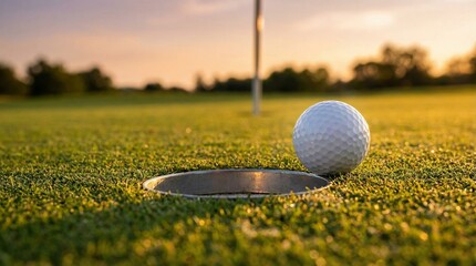 Close-up of a golf ball next to the hole on a sunlit grassy course with a blurred flag in the background, concept of precision and outdoor hobby. Ai generative