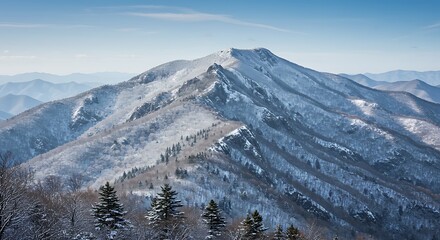 Snow covered mountain range against a clear blue sky winter landscape