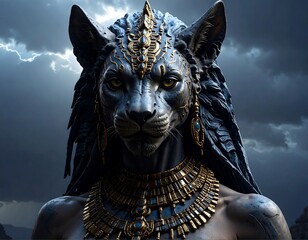 Divine feline human hybrid, ornate golden adornments, stormy sky