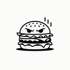 An angry cartoon hamburger with a frown and sesame seed bun