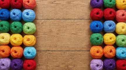 Multicolored yarn balls neatly aligned on a wooden table background, representing a creative hobby concept with vibrant symmetry. Ai generative