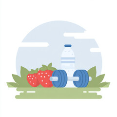 Minimalist illustration showing strawberries, a water bottle, and a dumbbell on greenery, representing healthy eating, fitness, and hydration in a fresh, modern style.