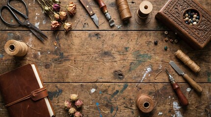 Leathercraft and beading tools with dried flowers, spools, and notebook on rustic wooden background, creative hobby workspace concept. Ai generative