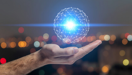 Hand holding glowing network sphere over cityscape.