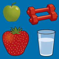 Colorful illustration of a green apple, strawberry, red dumbbell, and glass of water on a vibrant blue background, symbolizing health, fitness, and wellness concepts.
