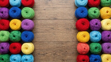 Multicolored yarn balls organized on both sides of a wooden background, leaving space in the middle. Concept of knitting, craft, and creative hobby. Ai generative