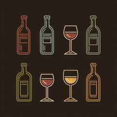 Modern outline illustration of assorted wine bottles and glasses in vibrant colors on a dark background, ideal for menus, bars, parties, or celebrations in a trendy style.