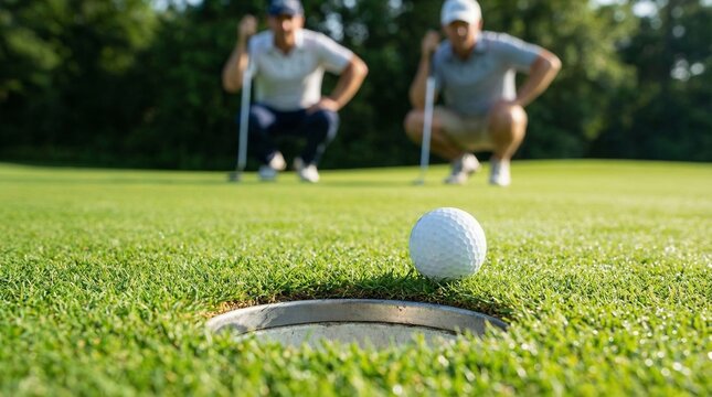 Close-up of golf ball near hole on sunny green with two golfers in background, shallow depth of field, natural background, concept of outdoor hobby. Ai generative - Powered by Adobe
