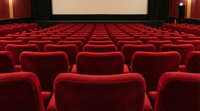 Red velvet cinema chairs in a traditional theater setting, symmetrical view facing a blank screen, concept of movie entertainment and leisure hobby. Ai generative - Powered by Adobe