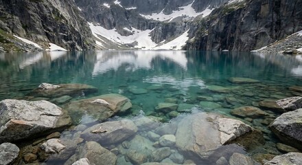 A serene alpine lake reflects towering rocky peaks and glacial landscapes