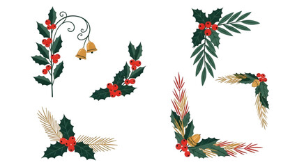 Naklejka premium Collection of christmas holly wreaths and garlands isolated on transparent background