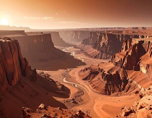 Expansive vista of a winding desert canyon at golden hour