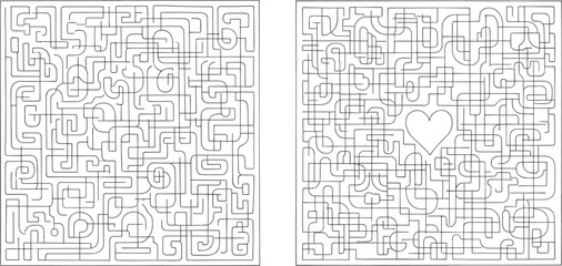 Abstract maze labyrinth illustration set with square puzzles and heart shape center, minimal line art vector collection for games, logic and problem solving design