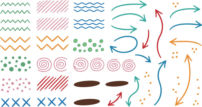 Colorful hand drawn doodle elements set with arrows, lines, dots and shapes, playful vector collection for decoration, highlights and graphic design
