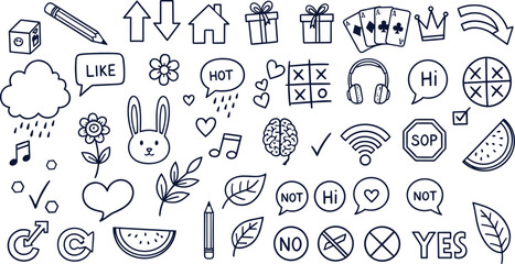 Naklejka premium Hand drawn doodle icon set with social symbols, arrows, hearts, speech bubbles and everyday objects, playful vector collection for creative design projects
