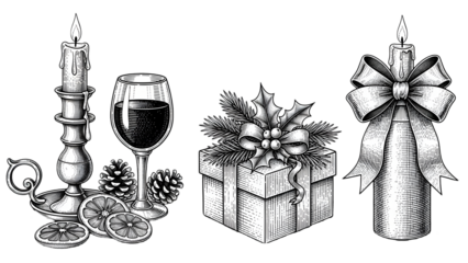 Black and white christmas illustration with gifts and wine isolated on transparent background