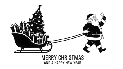 Black and white illustration of santa claus pulling a sleigh with a christmas tree isolated on transparent background