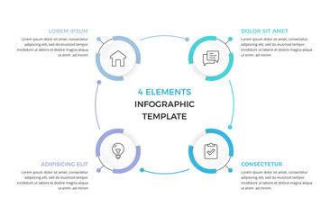Circle diagram with four connected circular elements, cycle process with four steps, infographic template