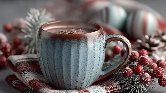 Close-up of Warm Holiday Drink and Cozy Christmas Decorations