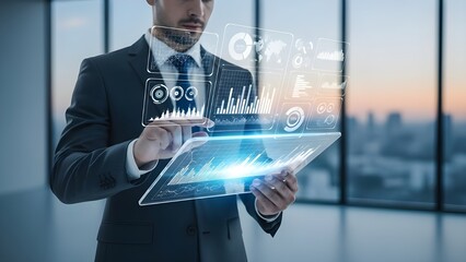 Businessman interacting with futuristic holographic tablet displaying data analytics in modern office