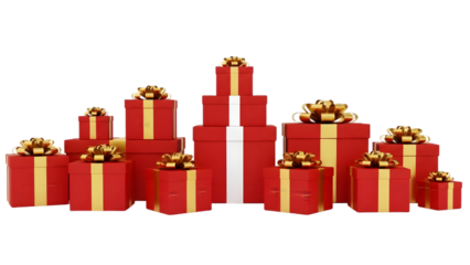 Multiple red gifts with gold ribbons and bows isolated on transparent background for christmas