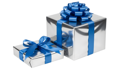Two silver gifts with blue ribbons and bows isolated on transparent background for luxury