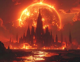 Dramatic fiery cityscape with a huge sun