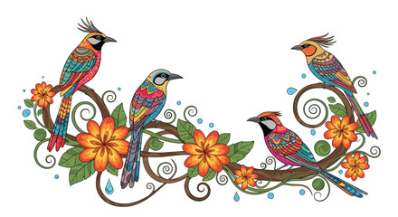 Obraz premium A whimsical collection of colorful exotic birds perched on a decorative floral branch during a vibrant spring day.