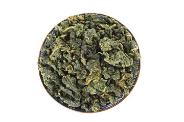 Dried Mulberry Leaves in Ceramic Bowl for Healthy Tea Recipe