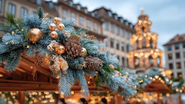 Winter Christmas Market Warm Decorations and Twinkling Lights