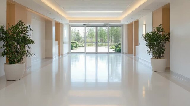 Bright modern hospital lobby corridor interior with glossy floor and potted plants creating calm