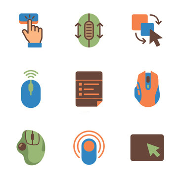 Computer mouse and input device icon collection: clicking hand, trackpad, cursor, wireless mouse, and gaming mouse symbols