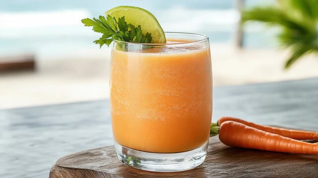 Fresh carrot juice with lime wedge and parsley garnish, vibrant tropical drink fresh juice orange